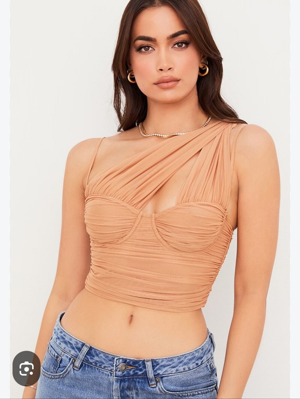 House of CB One-Shoulder Ruched Corset Crop Top in Camel Feminine Sexy Romantic